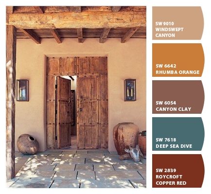 Paint colors from ColorSnap by Sherwin-Williams Modern Adobe House, Modern Adobe, Mexican Doors, Santa Fe Home, Diy Projektit, Adobe House, Western Film, Santa Fe Style, Casas Coloniales