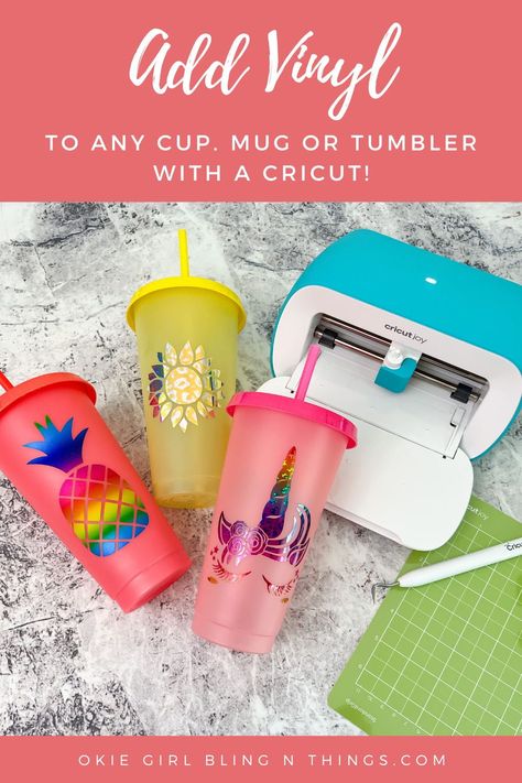 This tutorial will show you the basics that you need to know to add vinyl decals to any cup, mug or tumbler! It's super easy and such a fun thing to learn to do with your Cricut! . . . . #Cricut #cricutcreations #howtoaddvinyl #vinylcreations #cricutvinyl #howtoaddvinyltocups #colorchangingcupswithvinyl Vinyl On Tumblers Cricut, Diy Vinyl Cup Decals, Vinyl On Cups, Cricut Vinyl Tumbler Ideas, Vinyl On Cups How To Put, Plastic Tumblers With Vinyl Ideas, Cricut Joy Starbucks Cup, How To Add Vinyl To Tumblers, How To Apply Vinyl To Tumbler