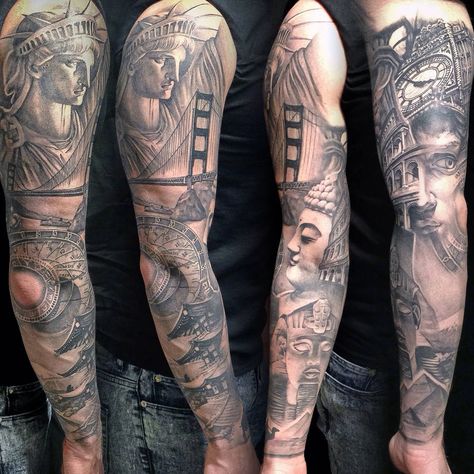 Famous landmarks sleeve tattoo by gregoriokun on DeviantArt New York Tattoo Sleeve, World Tattoo Sleeve, Wonders Of The World Tattoo, The World Tattoo, Tattoo Sleeve Ideas, Skyline Tattoo, 7 Wonders Of The World, Patriotic Tattoos, New York Tattoo