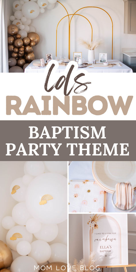 Photo collage of baptism party with text that reads "LDS rainbow baptism party theme" Baptism Theme Ideas Girl, Baptism Theme Ideas, Lds Baptism Decorations, Baptism Ideas Girl, Baptism Table Centerpieces, Lds Baptism Ideas, Baptism Party Theme, Balloon Garland Ideas, Girl Baptism Party