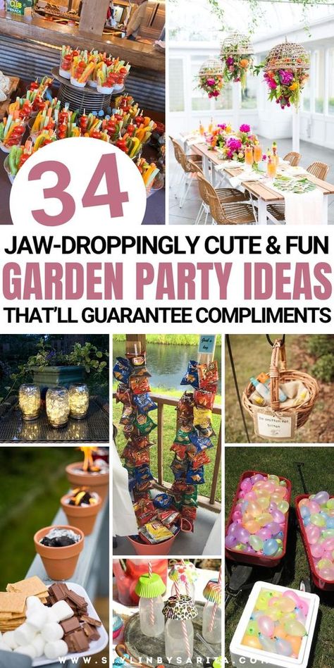 Host the BEST backyard party this summer with these 34 insanely cute and clever garden party ideas that are guaranteed to impress your guests. | garden party, garden party ideas, garden party decorations, backyard party ideas, backyard party decorations, outdoor party ideas, summer outdoor party| Summer Party Decorations Backyards, Garden Party For Adults, Simple Garden Party Ideas, Outdoor Garden Party Ideas Decoration, Deco Garden Party, Diy Backyard Party Decorations, Gardening Party Ideas, Outside Party Aesthetic, Backyard Parties Ideas