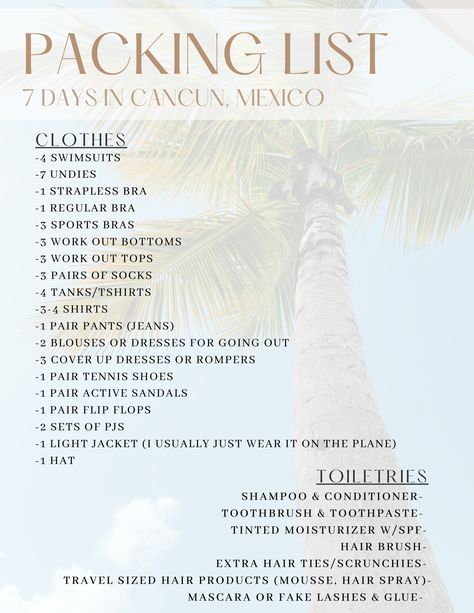 Vacation In Cancun Outfits, Cancun 2023 Outfits, Honeymoon Mexico Outfits, Trips To Cancun, 2 Week Vacation Packing List Mexico, Riviera Maya Packing List, Can Cun Mexico Outfits, 7 Day Packing List Spring, Packing List For Cancun Mexico