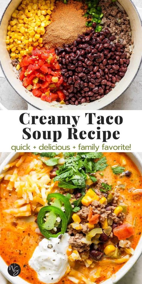 Creamy Taco Soup - a super simple creamy taco soup recipe that is really going to wake-up your tastebuds! Easy enough for a quick dinner on busy weeknights or meal prep it for the week. Just don't forget to serve with ALL the best taco toppings! The whole family is going to enjoy a big bowl of this comfort food! This recipe is gluten-free friendly. Taco Soup Recipe Healthy, Soup Recipes With Half And Half, Supper On A Budget, The Best Taco Soup Recipe, Thick Taco Soup, Venison Taco Soup, 7 Can Taco Soup Pioneer Woman, Hamburger Tortilla Soup, Taco Soup With Leftover Taco Meat