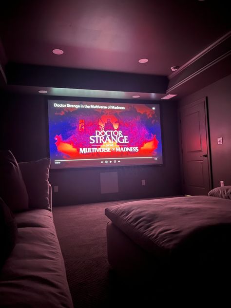 Movie Night Inside House, Aesthetic Basement Ideas, Movies At Home Aesthetic, Apartment At Night Aesthetic, Cinema Room Aesthetic, Living Room Movie Night, Room Movie Projector Aesthetic, Cinema Bedroom, House Movie Theater Aesthetic