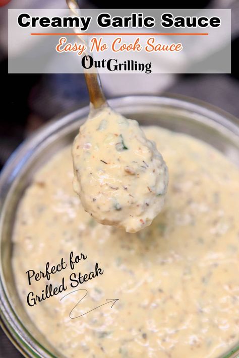 Garlic Cream Sauce is a great addition to grilled steaks, vegetables and pasta. This easy no cook creamy garlic sauce will elevate any meal with the amazing flavor combination. Garlic Sauce For Steak, Grilled Steaks, Homemade Sauce Recipes, Summer Eats, Garlic Cream Sauce, Creamy Garlic Sauce, No Cook, Low Carb Sauces, Gravy Sauce