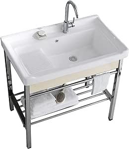 Ceramic Utility Sink with Washboard Set, Freestanding Laundry Utility Sink, Bathroom washbasin with Bracket and Drain Kit for Laundry Room Utility Room Garage Basement Outdoor and Indoor Free Standing Sink Laundry Room, Utility Sink Bathroom, Washboard Sink, Sink With Washboard, Laundry Room Utility Sink, Laundry Utility Sink, Free Standing Sink, Bathroom Washbasin, Garage Basement