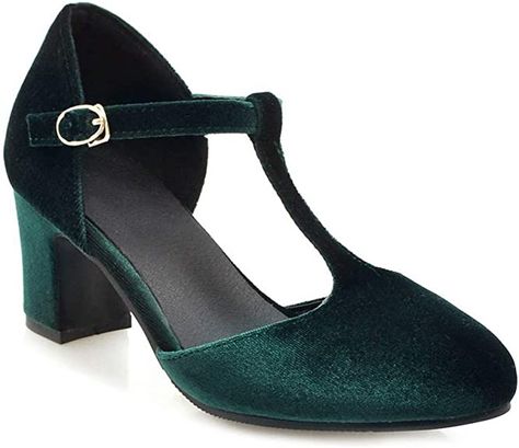 Dark Green Shoes, Green Pumps, Zapatos Mary Jane, Mary Jane High Heels, Velvet Shoes, Princess Shoes, Office Shoes, Chunky Heels Sandals, Mary Jane Heels