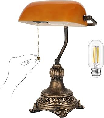 NISSAFORS Bankers Lamp with Pull Switch, Amber Glass Desk Lamp with Retro Black/Gold Finish, Vintage Table Lamps for Living Room, Home Office, Library, Piano LED Bulb Included (Amber) Table Lamps For Living Room, Vintage Table Lamps, Home Office Library, Lamps For Living Room, Bankers Lamp, Office Library, Living Room Home Office, Vintage Library, Glass Desk