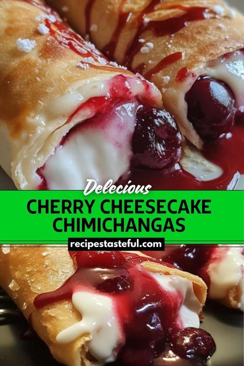 Cherry Cheesecake Chimichangas are a delicious twist on traditional chimichangas, featuring a creamy cheesecake filling combined with sweet cherry pie filling and wrapped in crispy, cinnamon-sugar-coated tortillas. These indulgent treats are perfect for a special dessert or a fun party snack. Sweet Cherry Pie Filling, Cheesecake Chimichangas, Sweet Cherry Pie, Traditional Thanksgiving Recipes, Peach Pie Filling, Canning Cherry Pie Filling, Easy Thanksgiving Recipes, Canned Cherries, Cherry Desserts