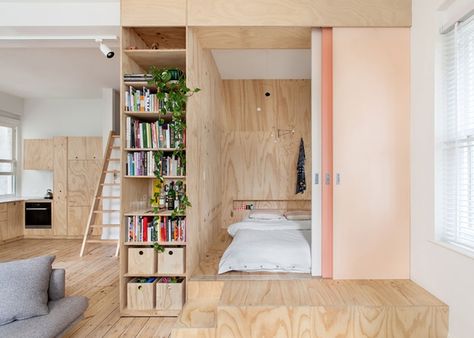 Loft renovation for young family is inspired by Japanese micro-apartments : TreeHugger Design Ložnic, Plywood Interior, Micro Apartment, Minimalist Apartment, Apartment Renovation, Compact Living, Tiny Apartment, Design Del Prodotto, One Bedroom Apartment