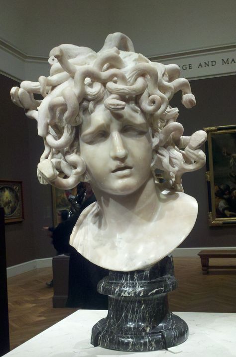 "Bust of Medusa" marble sculpture by Gian Lorenzo Bernini, 1644-48; in the collection of Palazzo dei Conservatori, Capitoline Museums, Rome (http://en.museicapitolini.org/il_museo/restauri/restauro_del_busto_di_medusa_di_gian_lorenzo_bernini). Fully restored by Roman conservators in 2006, Bernini intendedt his to be a refined Baroque metaphor on the power of sculpture. Image: (CC BY-SA 3.0) 2011 Debra Heaphy, wikimedia commons, during exhibition at Palace of Legion of Honor, San Francisco. Bernini Sculpture, Rome Painting, Baroque Sculpture, Gian Lorenzo Bernini, Lorenzo Bernini, Medusa Art, Marble Bust, Italian Sculptors, Baroque Painting