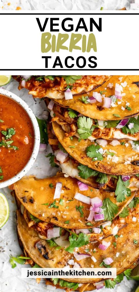 Vegan Birria Tacos, Tacos At Home, Vegan Tacos Recipes, King Oyster Mushrooms, King Oyster, Veggie Tacos, Birria Tacos, Vegan Mexican Recipes, Oyster Mushrooms