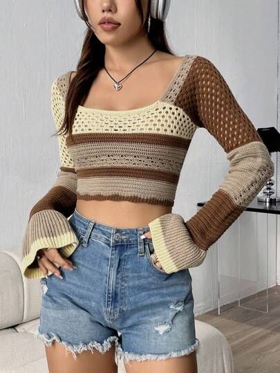 Three Color Crochet Top, Crochet Tops With Sleeves, Speak Now Crochet, Crochet Top With Sleeves, Crochet Top Long Sleeve, Cute Crochet Tops, Long Sleeve Crochet Top, Crochet Long Sleeve Top, Crochet Long Sleeve Tops