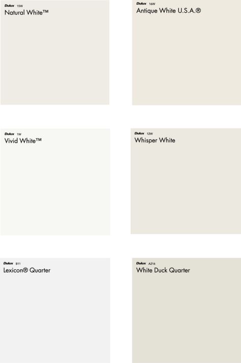 Dulux Paint Colours White, Dulux Lexicon, Dulux White Paint, Dulux Whisper White, White Paint Colours, White Grey Paint, Antique White Usa, Dulux Natural White, Dulux White