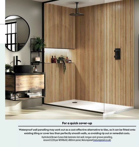 Wood Panel Bathroom, Waterproof Wall Panels, Bathroom Paneling, Bathroom Wall Panels, Wood Slat Wall, Oak Wall, Bathroom Inspiration Decor, Upstairs Bathrooms, Wood Bathroom