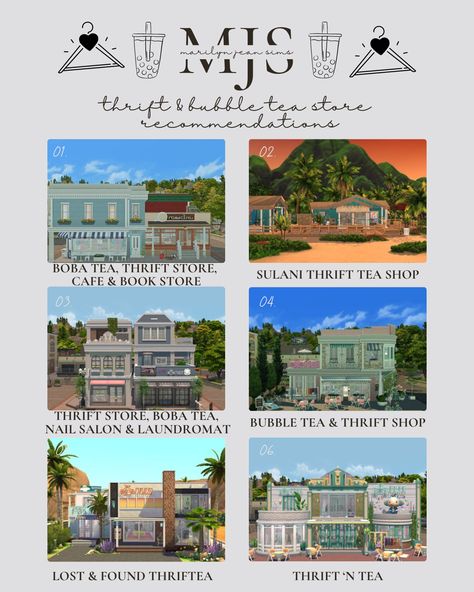 Sims 4 Thrift & Bubble Tea Gallery Recommendations Sims 4 Thrift Store, Boba Tea Shop, Bubble Tea Shop, Tumblr Page, Tea Store, Sims 4 House Design, Sims Building, Book Cafe, Boba Tea