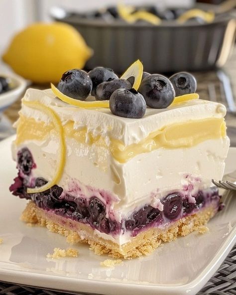 Lemon And Blueberry Desserts, Lemon Blueberry Desserts, Ice Box Cake Recipes, Hot Dessert Recipes, Lemon Blueberry Dessert Recipes, Blueberry Desserts Recipes, Cold Dessert Recipes, Blueberry Delight, Blueberry Cheesecake Recipe