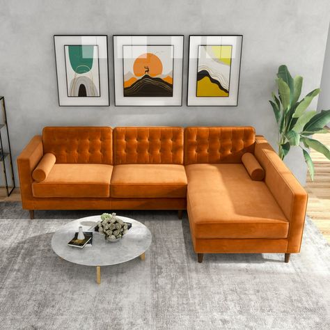 Willa Arlo Interiors Antenore 2 - Piece Upholstered Sectional & Reviews | Wayfair Orange Sectional, Burnt Orange Velvet, Gold Sofa, Sectional Chaise, Velvet Sectional, Living Room Corner, Urban Loft, Inspire Me Home Decor, Orange Velvet