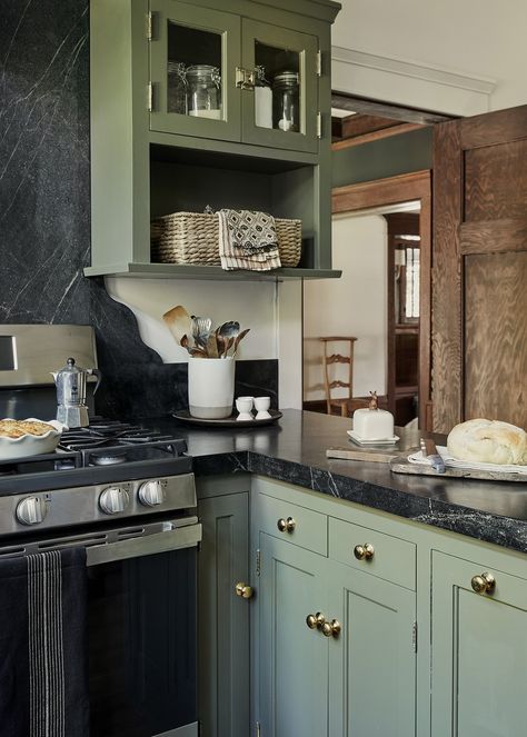 Bushnell — Jamie Haller Hay Kitchen, Green Farrow And Ball, Green Granite Kitchen, Jamie Haller, Cottage Dark, Farrow And Ball Kitchen, Green Kitchen Walls, Update Kitchen, Kitchy Kitchen