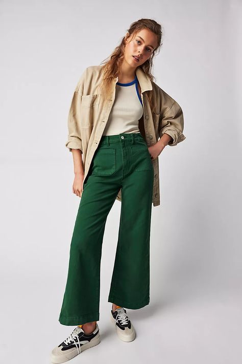 Rolla’s Sailor Jeans | Free People Weekend Fashion Casual, Mid Size Fashion Workwear, Bold Womens Fashion, Wide Leg Khaki Pants Outfit Summer, Casual Gender Neutral Outfit, Womens Preppy Style, Eclectic Professional Outfit, Earthy Capsule Wardrobe, Cool Mum Fashion