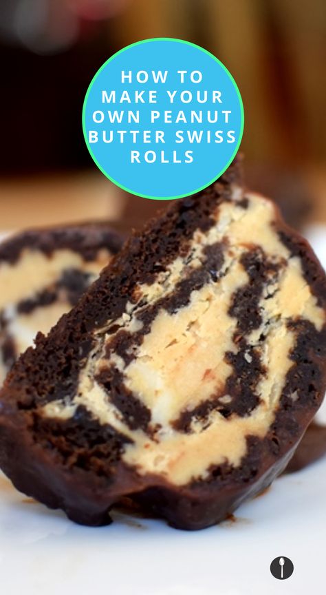 Chocolate Cake Roll With Peanut Butter Filling, Peanut Butter Swiss Roll, Chocolate Peanut Butter Roll, Chocolate Peanut Butter Roll Cake, Chocolate Peanut Butter Cake Roll, Cake Roll Recipes Easy, Chocolate Swiss Roll Recipe, Butter Roll Recipe, Rolled Cakes