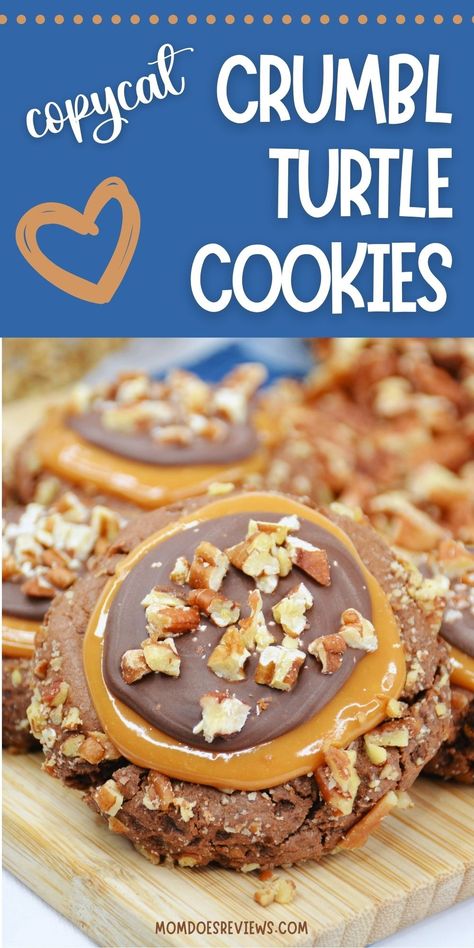 Copycat Crumbl Turtle Cookie Recipe - Mom Does Reviews Homemade Crumbl Cookies, Turtle Cookies Recipe, Crumble Cookie Recipe, Cookie Shop, Bakery Cookies, Chocolate Melting Wafers, Salted Caramel Cheesecake, Turtle Cookies, Caramel Bits