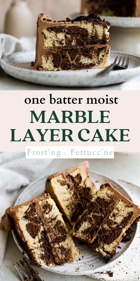 Layered Marble Cake Recipe, Layer Cake With Cheesecake Layer, Easy Double Layer Cake, Layered Marble Cake, Birthday Cake Frosting Ideas, Vanilla Chocolate Marble Cake, Marble Layer Cake Recipe, 6 Inch Marble Cake Recipe, Homemade Layer Cake