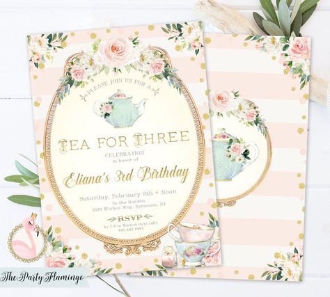 Tea for three birthday invitation tea party third 3rd | Etsy Tea Party Invites, Three Birthday Party, 3rd Birthday Girl, Tea For Three, 3rd Birthday Party For Girls, Third Birthday Girl, Winter Birthday Invitations, Floral Tea Party, Third Birthday Invitations