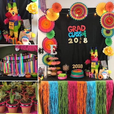 Graduation Fiesta Theme party colorful Fiesta Graduation Party, Themed Graduation Party, Diy Graduation Decorations Party, College Graduation Party Decorations, Outdoor Graduation Parties, Senior Graduation Party, Graduation Party High, Graduation Party Diy, Mexican Birthday