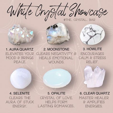 T H E C R Y S T A L B A R ☾© on Instagram: “🤍🤍🤍🤍🤍🤍 Do you own any of the serene pure white crystals shown here? It is such a divine colour. There are many other white crystals but…” Crystal Identification, Crystal Healing Chart, Crystal Vibes, Crystal Guide, Crystal Aesthetic, Crystals Healing Properties, Gemstone Meanings, Crystal Healing Stones, Crystal Magic