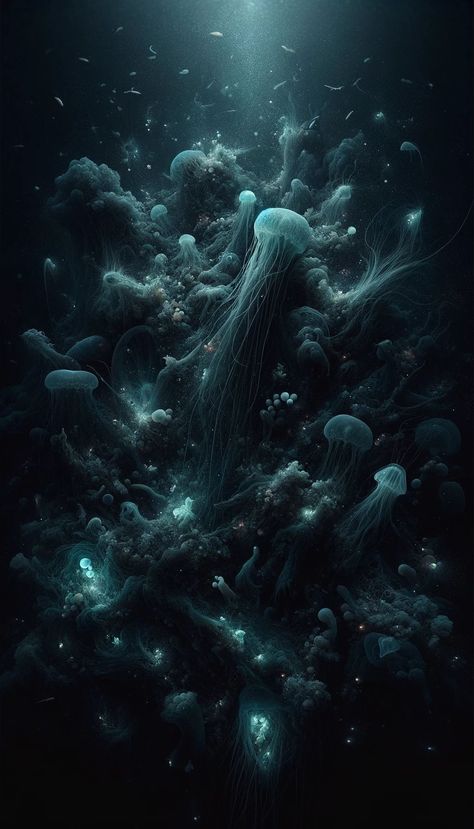 Underwater Mystery_ A dark, deep-sea scene with hints of bioluminescent creatures Bioluminescent Creatures, Dark Angel Wings, Matte Black Background, Beach Wall Collage, House Silhouette, Dragon Silhouette, Sea Aesthetic, Ocean Backgrounds, Gothic Cathedrals