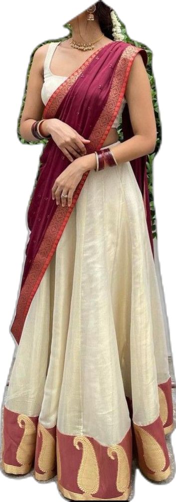 Red And White Half Saree, Saree White And Red, White Half Saree, Half Saree Designs Simple, Langa Voni Half Saree, Half Sari, Saree White, Langa Voni, Lehenga Designs Simple