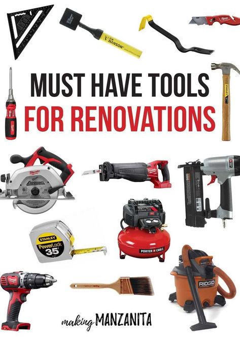 Must Have Tools For Renovations | What You Need For Your First Upper | Versatile Tools For Renovating | Tool Checklist | Tools Every DIYer Needs Woodworking Tools List, Woodworking Tools Router, Used Woodworking Tools, Woodworking Tools Storage, Woodworking Tools For Beginners, Woodworking Tools Workshop, Detailed Plans, Popular Woodworking, Must Have Tools