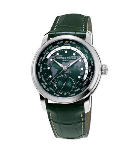 The Frederique Constant Classic Worldtimer Manufacture sports a new green-and-silver look in its 2018 incarnation.  It features a three-part stainless steel case measuring 42 mm in diameter and a world-map dial swept over by hand-polished, luminous-treated hour and minute hands, and is powered by an in-house movement, Caliber FC-718. #FrédériqueConstant #watchtime #worldtimewatch #Baselworld2018 Frederique Constant, Latest Watches, Citizen Watch, Automatic Watches For Men, Watch Companies, Automatic Watch, Green Leather, Chronograph Watch, Watch Design