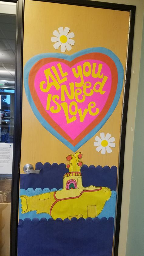 Beatles Bulletin Board, Decorated Bedroom Door, Classroom Door Decoration Ideas Creative, Beatles Crafts, Montessori Guide, Valentines Classroom Door, Preschool Door Decorations, Beatles Theme, Classroom Door Decor