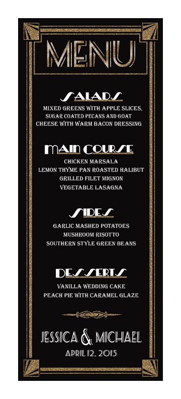 customized menu Art Deco Wedding Centerpieces Roaring 20s, Wedding Cake Peach, Crazy Monkey, Gatsby Gala, Flapper Wedding, Speakeasy Party, Wedding Cake Vanilla, Harlem Nights, Menue Design