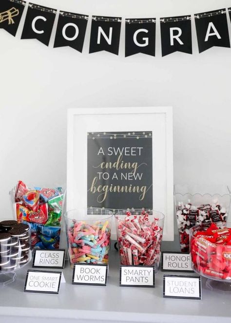 Graduation Party Colors, Unique Graduation Party Ideas, Grad Party Ideas, Graduation Candy Buffet, 2025 Graduation, Graduation Party Desserts, Graduation Candy Bar, High School Graduation Party Decorations, Graduation 2025