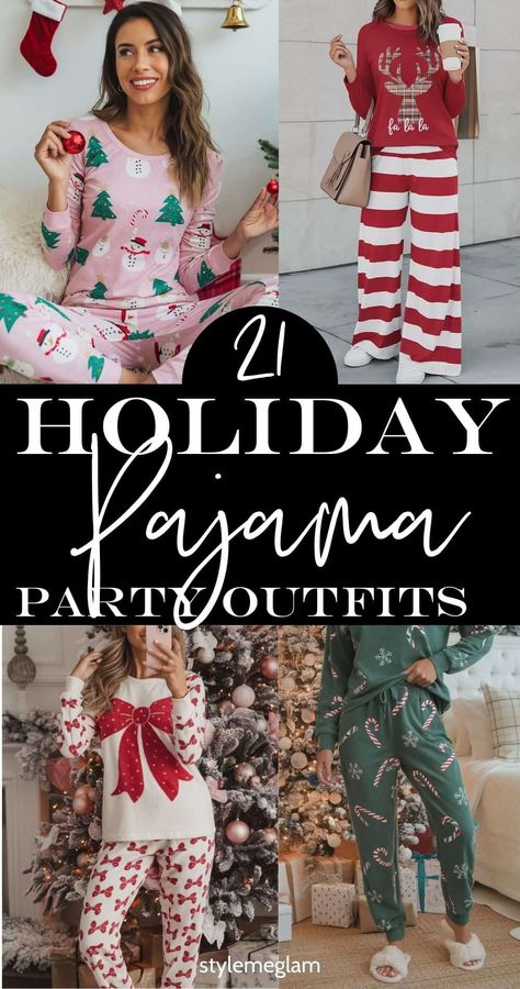 Checkout these festive holiday pajama party outfit ideas. These Christmas pajamas for women are cute and perfect for selfies and hosting a casual holiday party. Save this pin for later! New Years Pajama Party Outfit, Xmas Pajama Party Ideas, Nye Pajama Party Outfit, Christmas Pajama Set Women, Christmas Pj Day At School, Christmas Eve Pajama Party, Cute Christmas Pajamas For Women, Pajama Day At School Outfits Teacher, Christmas Pj Party Outfit