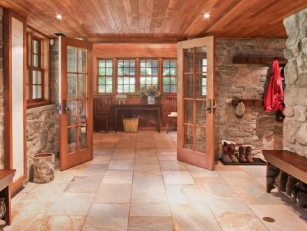 Basement Eclectic Entry, Rustic Entry, Mudroom Entryway, Mud Room Storage, Mudroom Design, Entry Way Design, Stone Walls, Cabin Design, Mountain Home