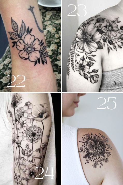 Vintage Flower Tattoo Ideas for Old Souls - TattooGlee Cottagecore Floral Tattoo, Vintage Floral Tattoos Black And White, Vintage Flower Tattoo Black And White, Floral Arm Tattoo Sleeve Vintage Flowers, Black And White Flower Tattoo Sleeve, Flower Garden Tattoo Ideas, Antique Flower Tattoo, Best Flower Tattoos For Women, Multi Flower Tattoo