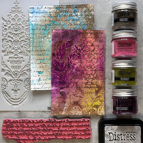 Distress Embossing Glaze | Tim Holtz Tim Holtz Distress Ink Tutorials, Distress Embossing Glaze, Tim Holtz Tutorials, Mixed Media Backgrounds, Distress Ink Techniques, Embossing Pen, Milk Dessert, Tim Holtz Ideas, Mixed Media Art Techniques