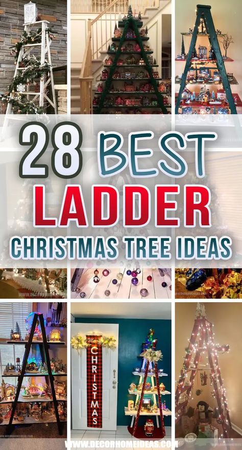 Ladder For Christmas Decor, Ladder Display For Christmas Village, Christmas Tree Ladder Village, Wooden Ladder Christmas Village, Tree Shaped Shelf For Christmas Village, Diy Christmas Tree Display, Wooden Crate Christmas Tree, Displaying Christmas Villages Ideas, Stepladder Christmas Tree