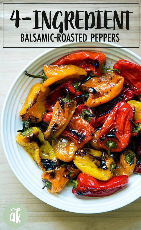 Meet your new favorite party trick: 4-ingredient balsamic-roasted mini peppers. They roast at high heat and emerge blistered at the edges, tasting sweet but with the right amount of bite thanks to the balsamic. What I love about them is that because they are small, there's no peeling or seeding: just dress, roast, and serve. #peppers #simple #roasted #balsamic #summer #appetizer #sidedish Peppers Recipes Side Dish, Pepper Side Dish Recipes, Pepper Side Dish, Recipes With Peppers, Roasted Pepper Recipes, Mini Peppers Recipes, Sweet Pepper Recipes, Tartiflette Recipe, Mini Peppers