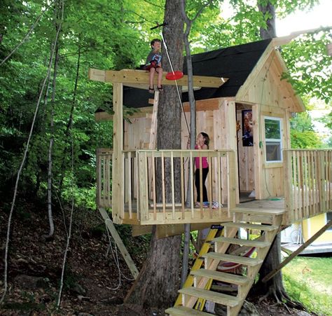 Cool Tree Houses For Kids, Backyard Tree House, Diy Tree House, Carpentry Basics, Zip Line Backyard, Simple Tree House, Backyard Creations, Tree House Plans, Home Gym Design Garage