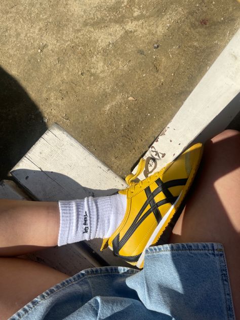 Asics, onitsuka tiger, sneakers, summer shoes, summer, yellow shoes, pop of color, statement piece, jean skirt, skort, denim, ootd, outfit, inspo, urban outfitters. Okinawa Tiger Shoes, Sneakers Onitsuka Tiger, Asics Yellow Shoes, Asics Tiger Outfit, Yellow Tiger Shoes, Yellow Asics Outfit, Onitsuka Yellow Outfit, Onitsuka Tiger Mexico 66 Yellow Outfit, Asics Onitsuka Tiger Outfit