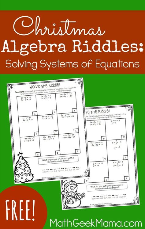 Looking for a simple yet engaging way to practice solving systems of equations this December? This FREE set of silly riddles is just the thing for your Algebra students! Also incldues an answer key for your convenience. #algebra #christmasalgebra #mathworksheet #algebramathworksheet #christmasmathworksheet #homeschoolmath Linear Equations Activity, Solving Systems Of Equations, Christmas Learning Activities, Teach Multiplication, Christmas Riddles, Christmas Math Worksheets, Christmas Math Activities, Christmas Learning, Free Printable Math Worksheets