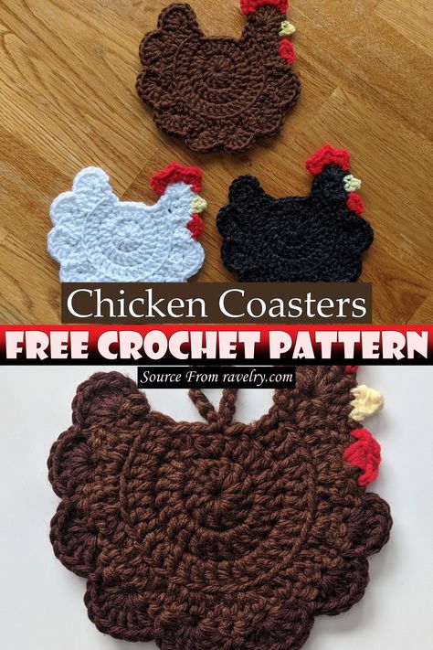 Free Crochet Chicken Coasters Pattern Chicken Crochet Coasters, Free Crochet Pattern For Chicken Potholder, Crocheted Chicken Coasters, Chicken Coaster Crochet Pattern, Chicken Coasters Free Pattern, Crochet Animal Potholders Free Patterns, Crochet Animal Dishcloths, Crochet Chicken Applique Free Pattern, Chicken Coaster Crochet Pattern Free