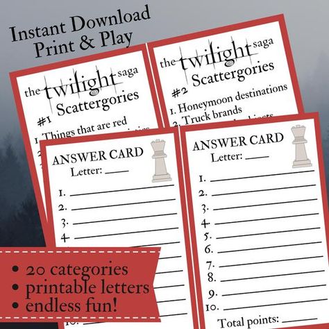 Twilight Saga Printable Party Game | Etsy Twilight Themed Party Games, Twilight Bingo, Twilight Party Games, Twilight Birthday, Twilight Party, Team Edward, Birthday Party Game, Found Poetry, Girl Sleepover