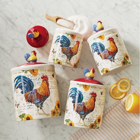 4-Piece Rooster Canister Set | Seventh Avenue Rooster Kitchen Decor Farmhouse Style, Chicken Pottery, County Kitchen, Rooster Canisters, Colorful Farmhouse, Rental Home Decor, Rooster Kitchen Decor, Kitchen Decals, Texas Home Decor