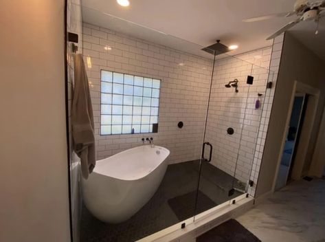 Bath And Shower On Raised Platform, Walk In Shower With Soaker Tub Inside, Steam Shower With Tub Inside, Bathroom Addition Ideas Master Suite, Shower With Free Standing Tub Inside, Small House Updates, Bathtub In Shower Walk In, Walk In Shower With Tub Inside, Shower With Tub Inside